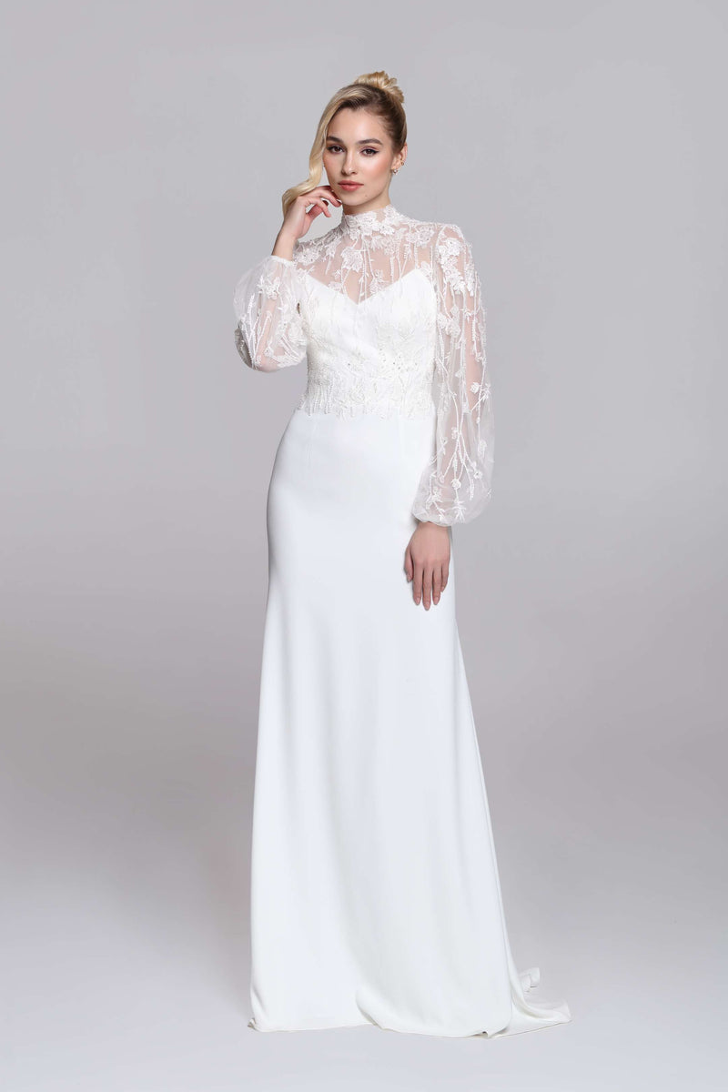 lace mock neck wedding dress Designer Wild Lace Mock Neck Long Sleeve Ball Gown Satin Wedding Dress
