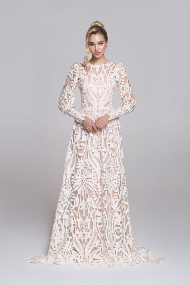 FOUNTAIN wedding dress | Geometrical bohemian lace with long sleeves