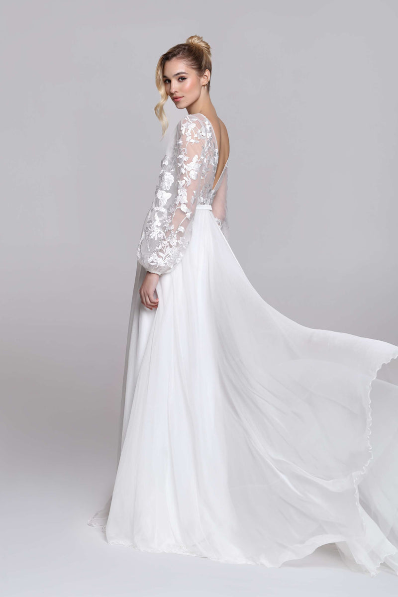 silk chiffon wedding dress High Neck Chiffon Wedding Dress with Long Sleeves Gabriella