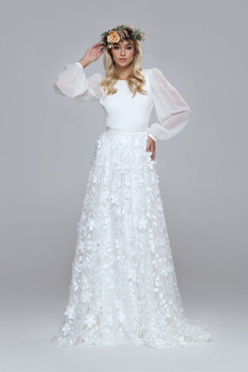 IMAN floral bridal skirt with 3d flowers and full circle volume.