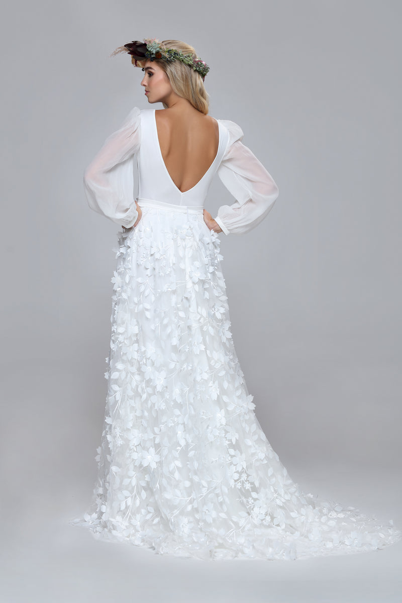 IMAN floral bridal skirt with 3d flowers and full circle volume.