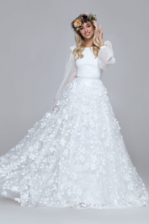 IMAN floral bridal skirt with 3d flowers and full circle volume.