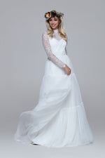 romantic boho wedding dress. Lace top with turtle neck and closed back with drop split. Layered silk chiffon skirt.