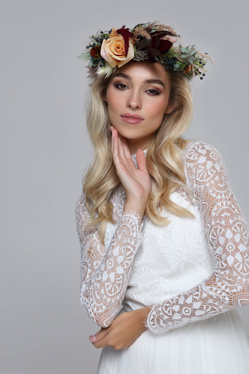 romantic boho wedding dress. Lace top with turtle neck and closed back with drop split. Layered silk chiffon skirt.
