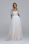 Sequin tulle with soft tulle wedding dress PARIS. Wide elbow length sleeves, draped soft tulle skirt