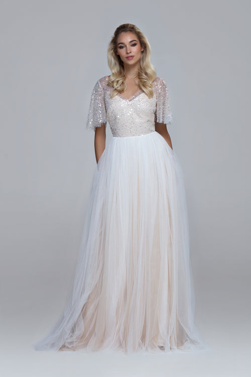 Sequin tulle with soft tulle wedding dress PARIS. Wide elbow length sleeves, draped soft tulle skirt