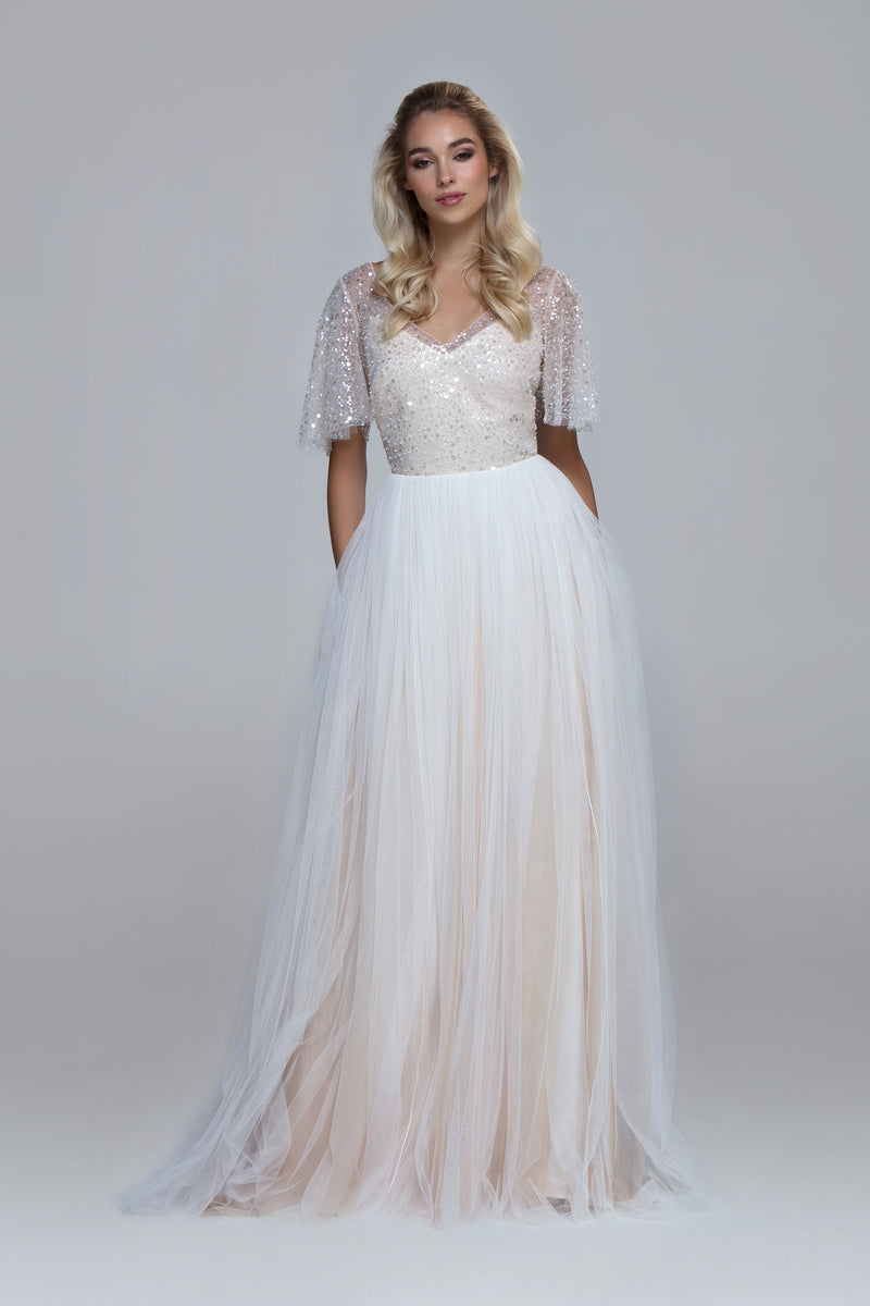 Sequin tulle with soft tulle wedding dress PARIS. Wide elbow length sleeves, draped soft tulle skirt