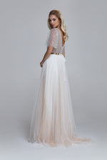 Sequin tulle with soft tulle wedding dress PARIS. Wide elbow length sleeves, draped soft tulle skirt