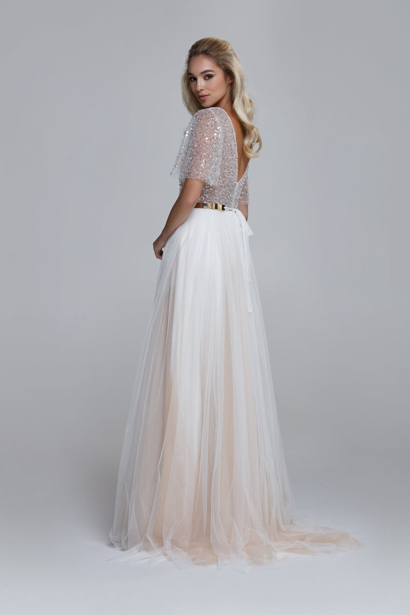 Sequin tulle with soft tulle wedding dress PARIS. Wide elbow length sleeves, draped soft tulle skirt