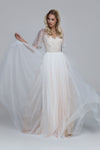 Sequin tulle with soft tulle wedding dress PARIS. Wide elbow length sleeves, draped soft tulle skirt