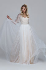 Sequin tulle with soft tulle wedding dress PARIS. Wide elbow length sleeves, draped soft tulle skirt