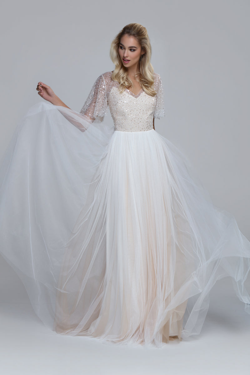 Sequin tulle with soft tulle wedding dress PARIS. Wide elbow length sleeves, draped soft tulle skirt