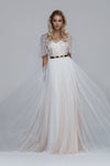 Sequin tulle with soft tulle wedding dress PARIS. Wide elbow length sleeves, draped soft tulle skirt