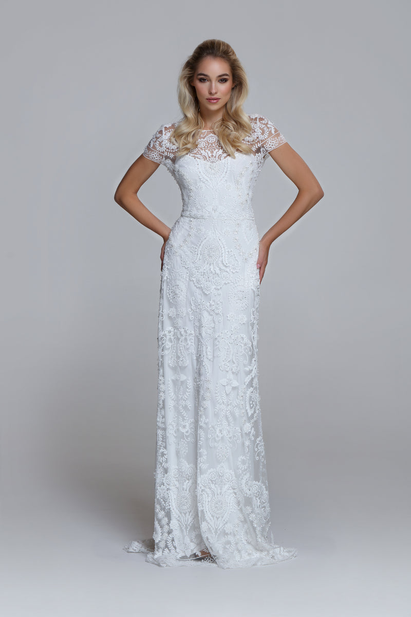 Sparkly wedding dress PERSIA. Boat neckline, V-back. Slip mermaid siluett with train