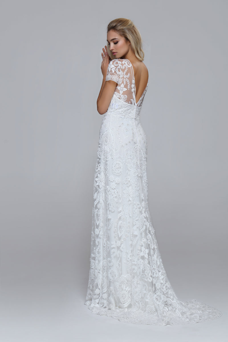 Sparkly wedding dress PERSIA. Boat neckline, V-back. Slip mermaid siluett with train