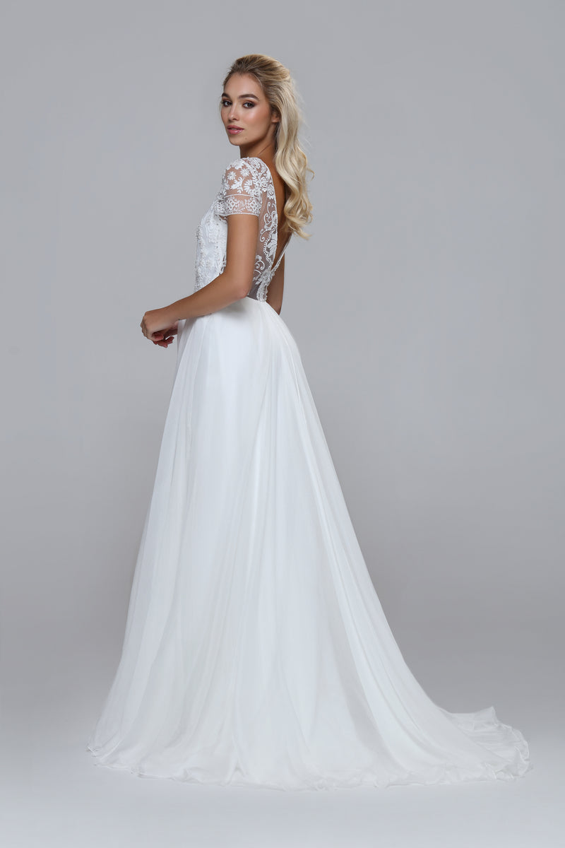 PETRA wedding dress | beaded lace cap sleeves & flowing silk chiffon SADONI BRIDAL SHOP | WEDDING DRESSES OSLO PETRA wedding dress | beaded lace cap sleeves & flowing silk chiffon SADONI BRIDAL SHOP | WEDDING DRESSES OSLO