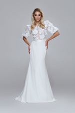 3D flower bridal lace top PIPPA. Puffy sleeves, satin belt. Boat neckline, V-back.