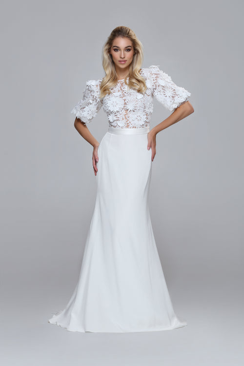3D flower bridal lace top PIPPA. Puffy sleeves, satin belt. Boat neckline, V-back.