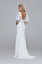 3D flower bridal lace top PIPPA. Puffy sleeves, satin belt. Boat neckline, V-back.