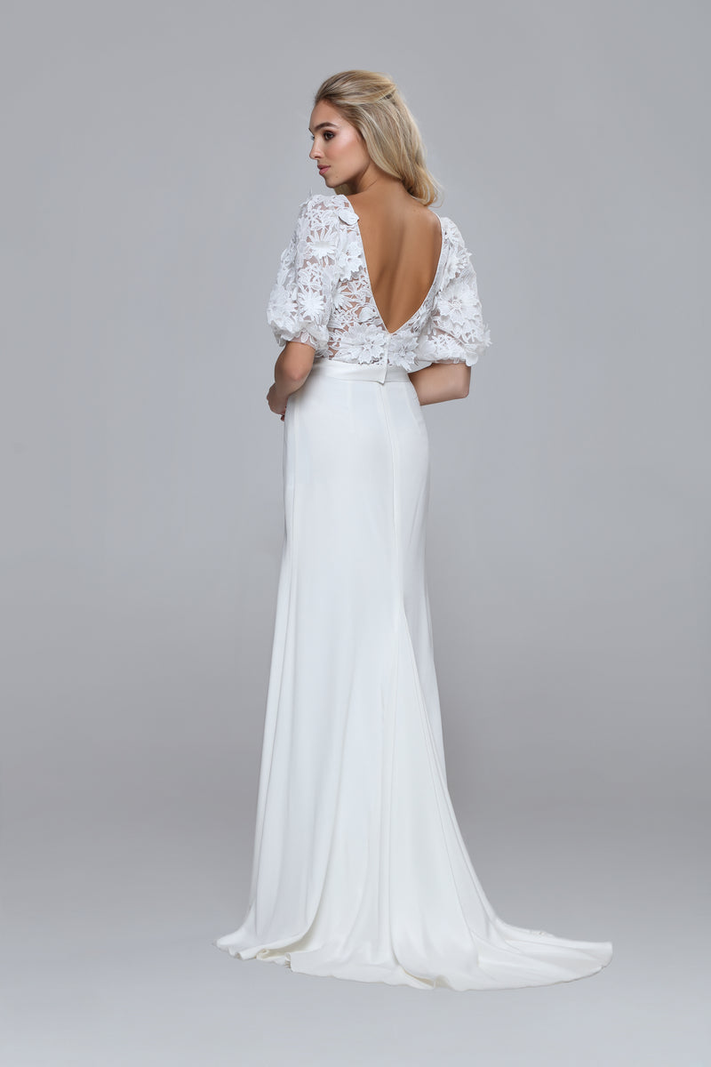 3D flower bridal lace top PIPPA. Puffy sleeves, satin belt. Boat neckline, V-back.