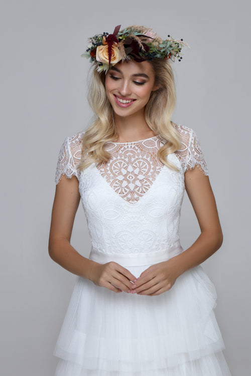 Romantic lace top for wedding. Silk satin tie. Cap sleeves with lace edge.