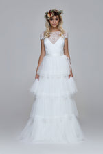 Romantic lace top for wedding. Silk satin tie. Cap sleeves with lace edge.