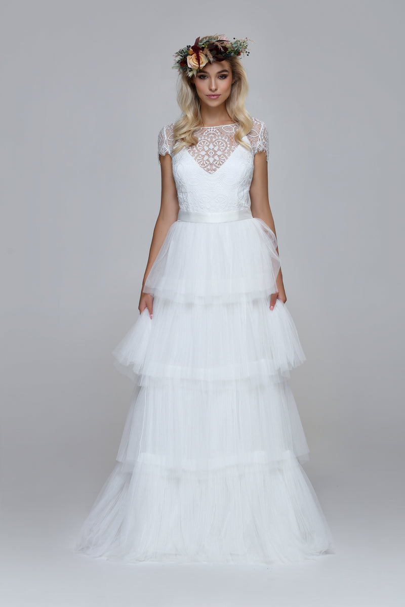 Romantic lace top for wedding. Silk satin tie. Cap sleeves with lace edge.
