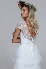 Romantic lace top for wedding. Silk satin tie. Cap sleeves with lace edge.