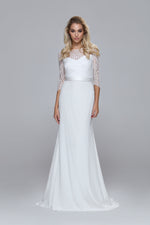 Wedding separates - lace top with 3/4 sleeves. Silk satin tie at waist.Mix&Match romantic.