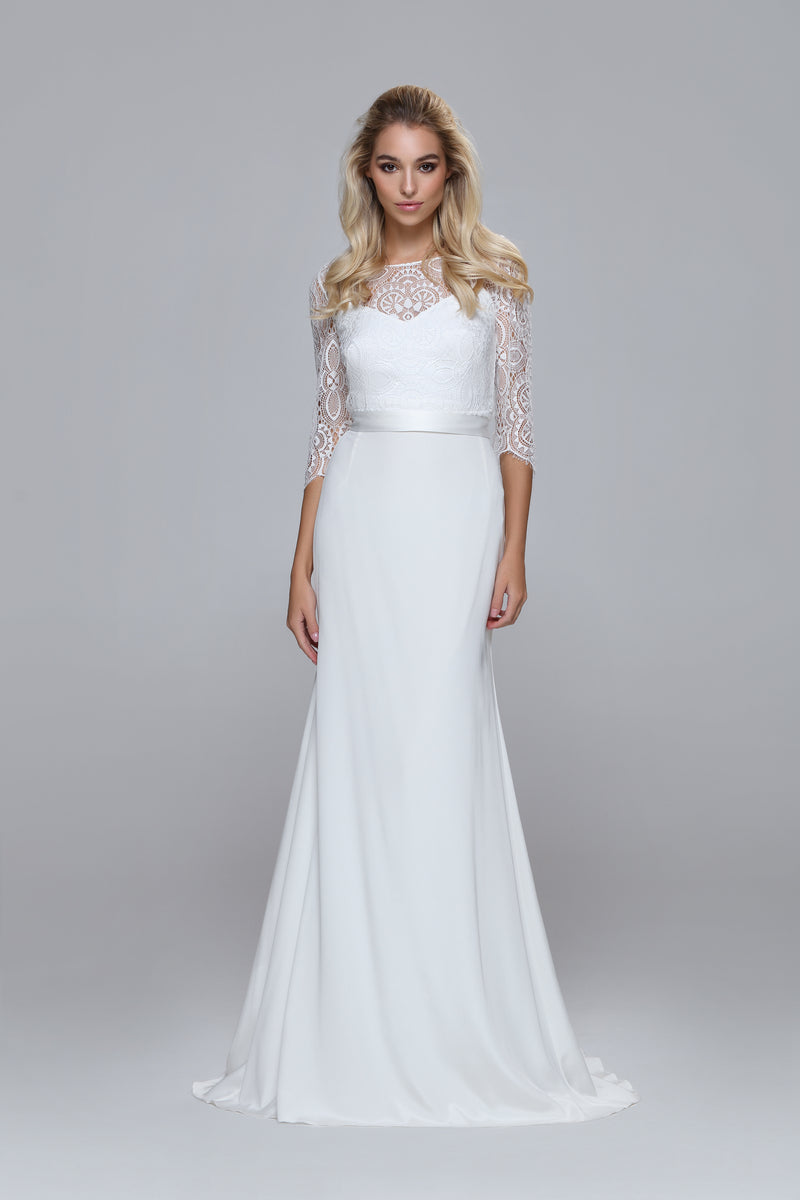 Wedding separates - lace top with 3/4 sleeves. Silk satin tie at waist.Mix&Match romantic.
