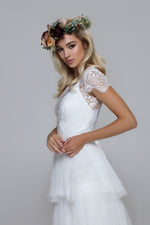 Romantic lace top for wedding. Silk satin tie. Cap sleeves with lace edge.