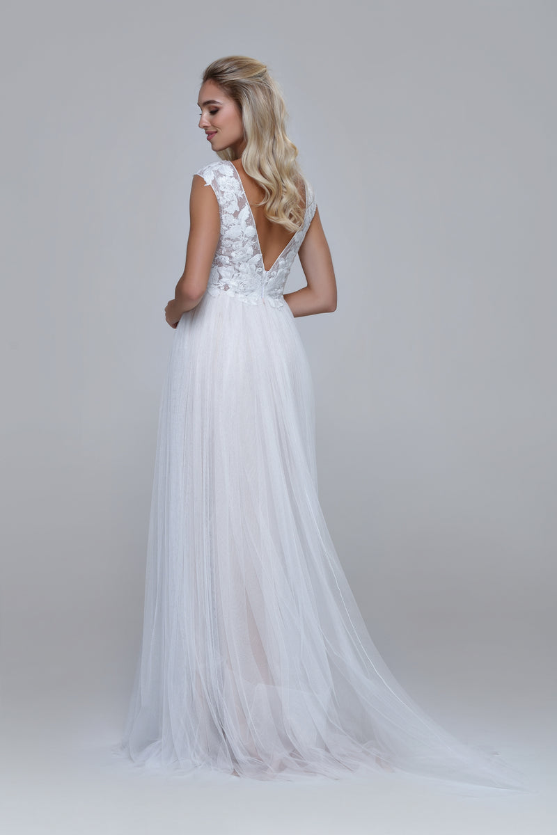 Embroidered wedding dress PRIMROSE. Lace top with draped soft tulle skirt. Boat neckline with V-back.