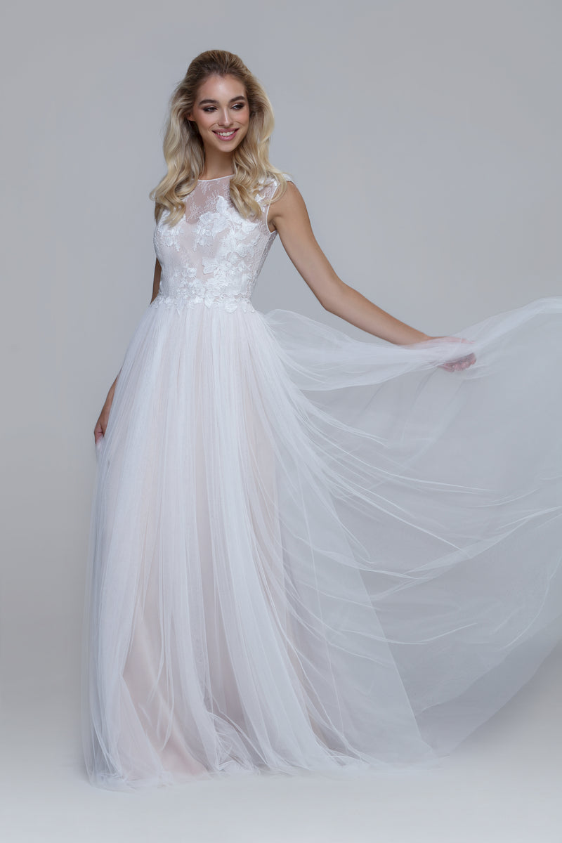 Embroidered wedding dress PRIMROSE. Lace top with draped soft tulle skirt. Boat neckline with V-back.