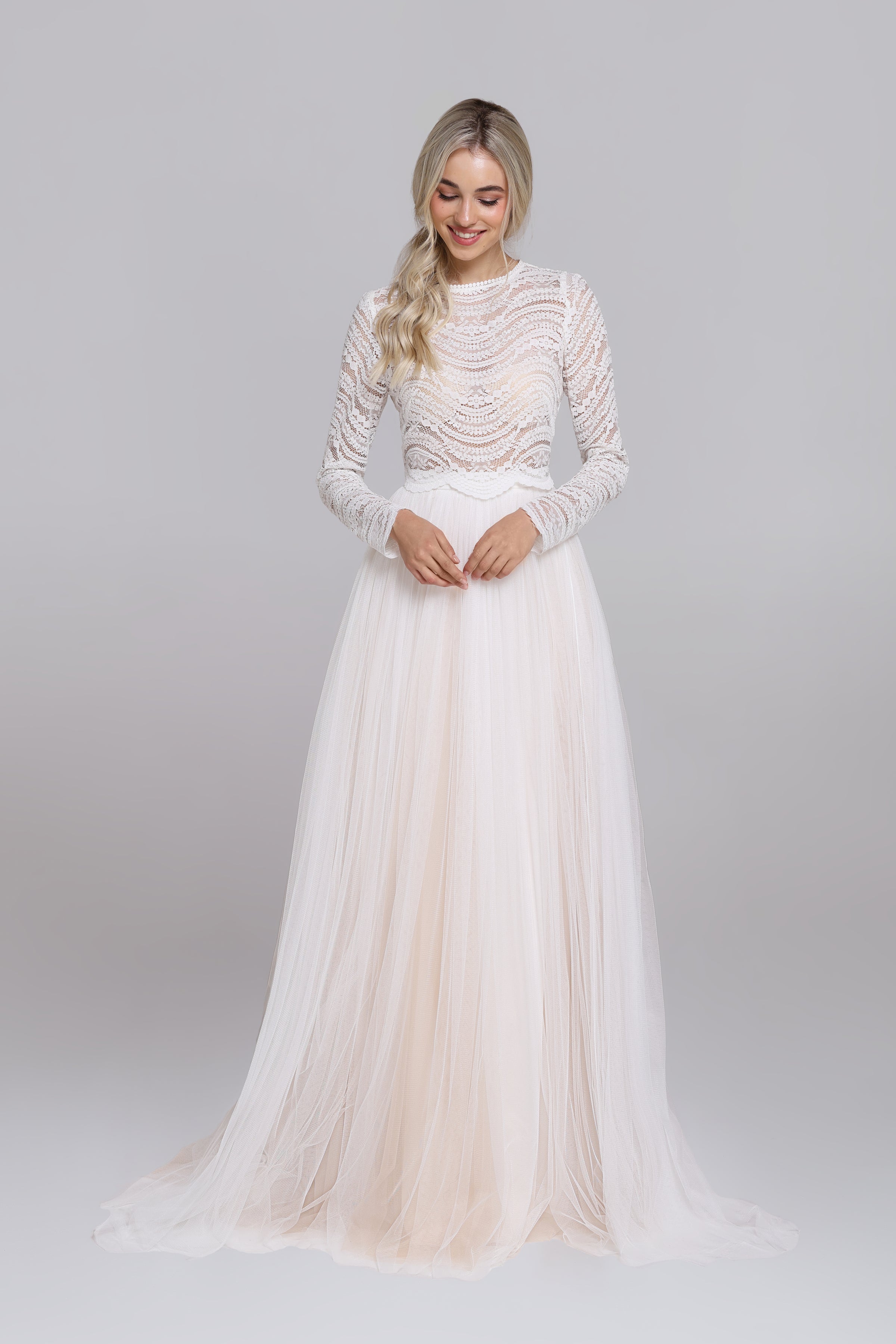 Long sleeve lace bridal top sales